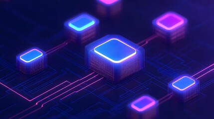 Fototapeta premium Abstract digital representation of glowing AI microchips on a blue and purple circuit board indicating futuristic technology concepts.