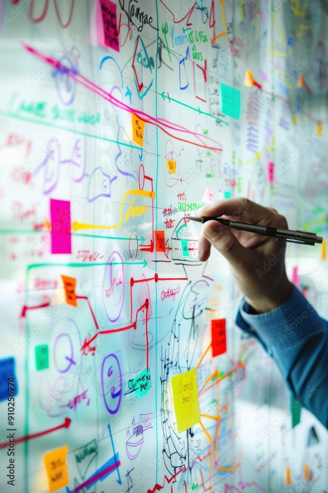 Poster creative brainstorming - person writing on transparent board with colorful diagrams and notes for id