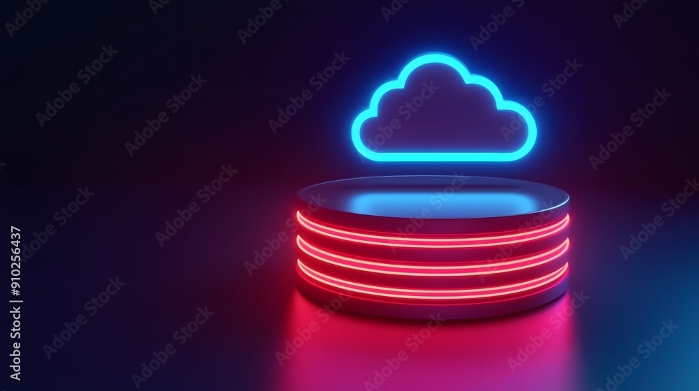 Poster abstract neon cloud computing concept with glowing lights, symbolizing data storage and digital tech