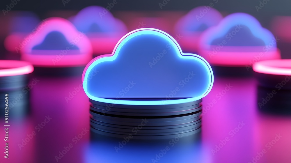 Poster abstract neon cloud icons representing cloud computing technology on a reflective surface. futuristi