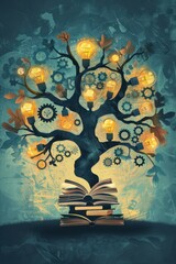 Innovative Tree of Ideas: Branches Shaped as Gears, Bulbs, and Books Reflecting Creative Diversity