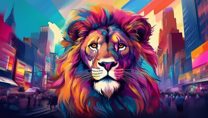 lion créatif coloré dans ville new york pop art buiding