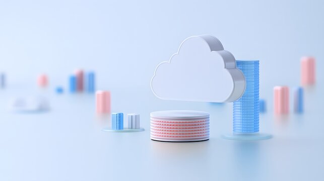 Abstract representation of cloud computing and data storage with pastel-colored graphs and charts in a soft focus background.