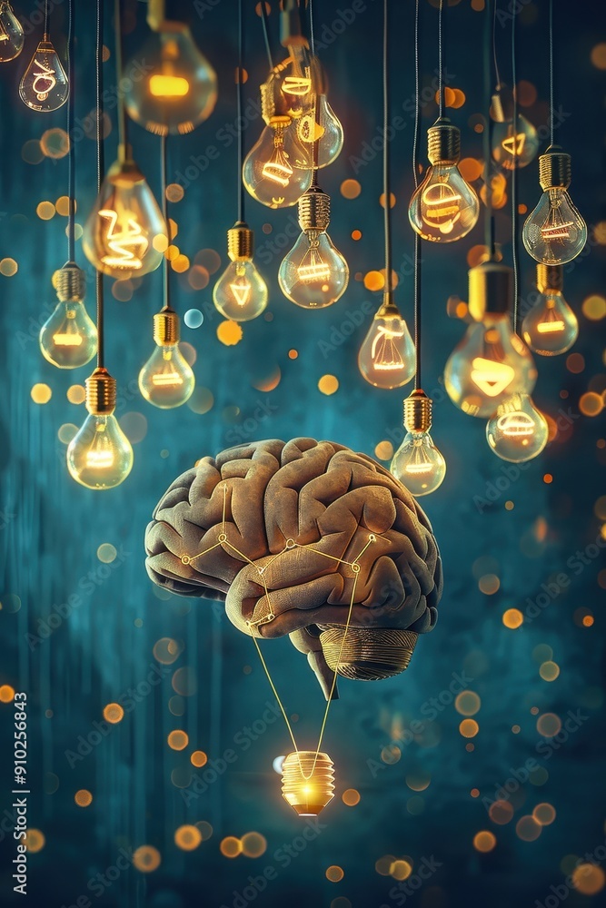 Poster illuminating creativity - digital brain connected to light bulb network showing interconnected ideas