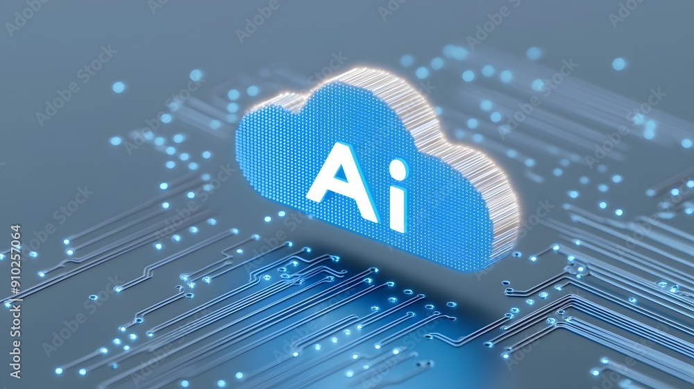 Poster artificial intelligence cloud computing concept with a blue cloud icon labeled 'ai' on a digital cir