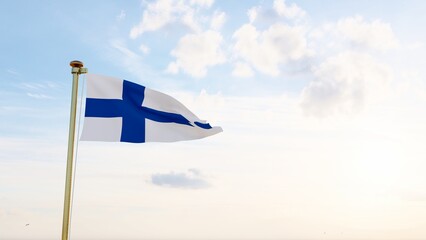 Flag of Finland waving in the wind, sky and sun background. Finland Flag.	
