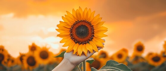 A hand grasping a radiant sunflower in front of a vibrant orange sky The sunflower is encircled by other blossoms, creating a field of floral beauty Concept of growth and vitality