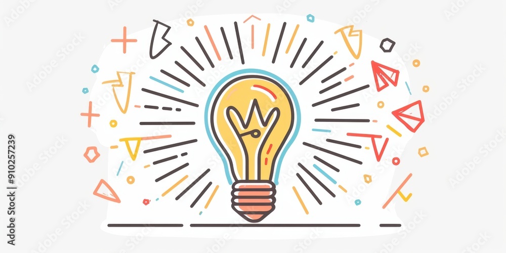 Poster a simple line drawing of an idea bulb with light rays emanating from it, surrounded by pencil stroke