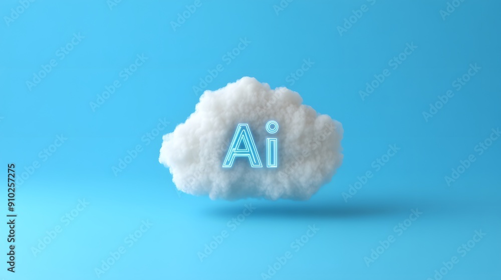 Poster artificial intelligence concept with ai letters in a fluffy cloud on blue background, representing c