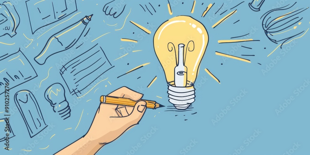 Poster a light bulb is drawn with pencil, surrounded by lines and other drawing tools on a blue background 