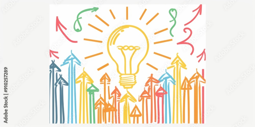 Poster a simple line drawing of an idea bulb with light rays, surrounded in the style of pencil lines formi