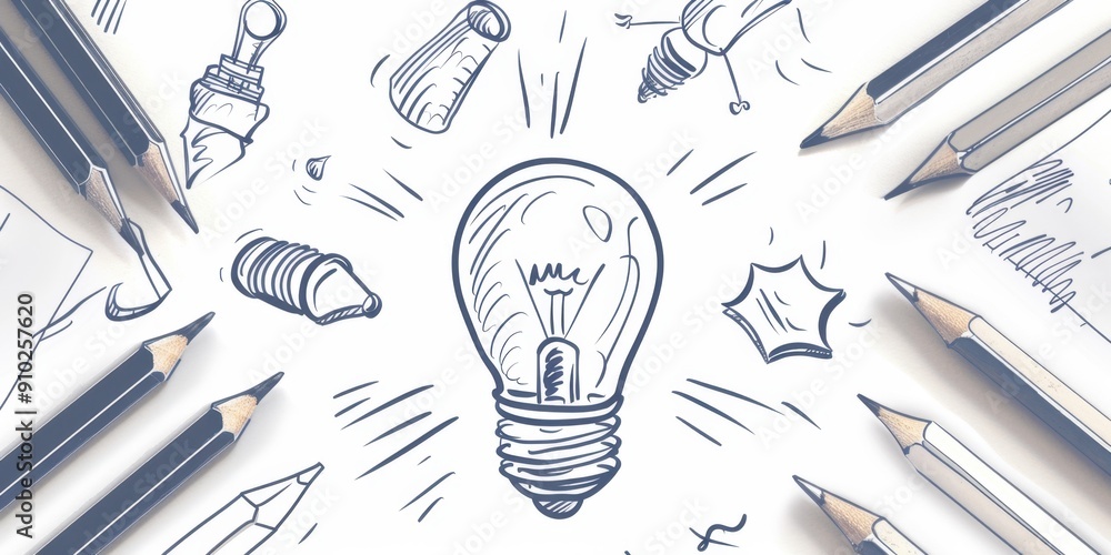 Poster a simple line drawing of an idea bulb with light and shadow, surrounded in the style of pencils and 
