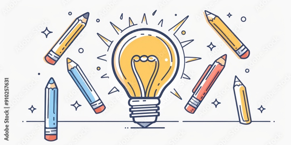 Poster a simple line drawing of an idea bulb with light and shadow, surrounded in the style of pencils and 