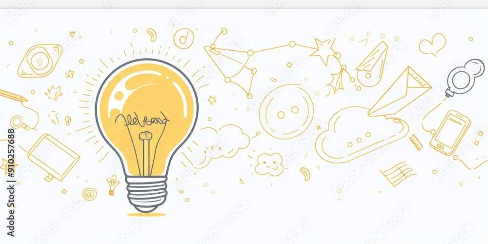 Poster a simple line drawing of an idea bulb with light glowing, surrounded by pencil strokes and doodles s