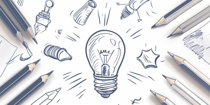 A simple line drawing of an idea bulb with light and shadow, surrounded in the style of pencils and other creative tools Generative AI