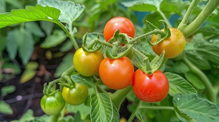 Ripe tomatoes hanging from tomato bushes. Vegetarian, vegan or raw food. Vegetables ripening in the vegetable garden. Illustration for cover, brochure, advertising, marketing or presentation.