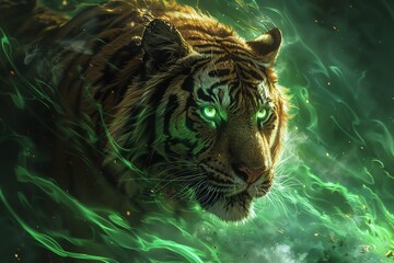 epic fantasy art, roaring tiger with glowing green eyes and green druid magic
