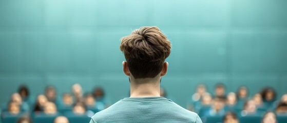 Academic presenting research, lecture hall, writing on whiteboard, intellectual discourse