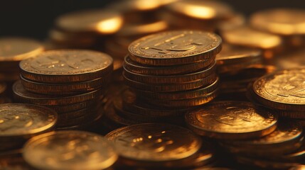 A close-up view of stacked golden coins, creating a rich and luxurious atmosphere.