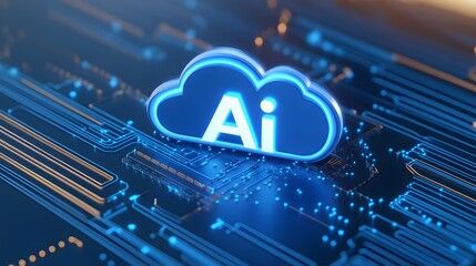 Fototapeta premium Blue cloud with AI text on futuristic circuit board, symbolizing artificial intelligence and technology in digital cloud computing.