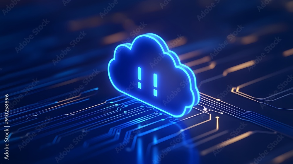 Poster blue glowing cloud icon on circuit board, representing cloud computing and technology integration in