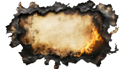 Burning hole on grunge paper isolated on white created with Generative AI
