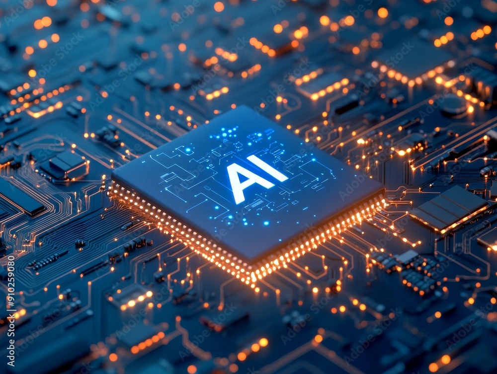 Poster close-up of a futuristic ai microchip on a glowing circuit board, symbolizing advanced technology an