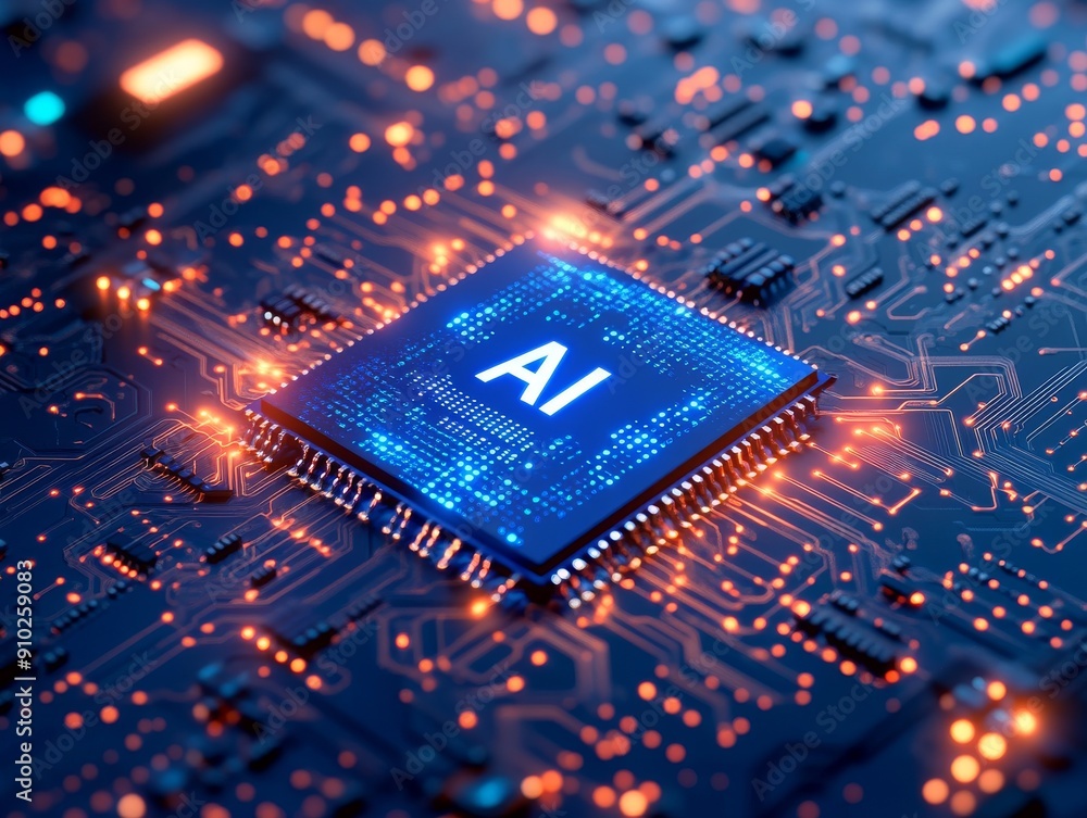 Poster close-up of a futuristic microchip labeled 'ai' on a vibrant circuit board, showcasing intricate pat