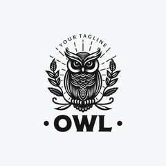 Owl Mascot standing on tree branch with some leaves Logo Silhouette Face in Vector Illustration with retro vintage style