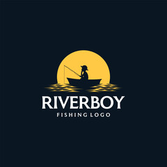 boy fishing in the river contemplating at sunset vector logo illustration in vintage style