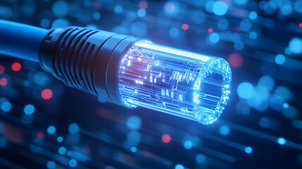 Close-up of a glowing fiber optic cable, representing internet technology and high-speed data transfer in a futuristic setting.