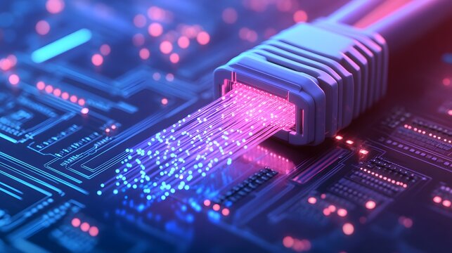 Close-up of a glowing fiber optic cable connected to a circuit board, representing high-speed data transfer technology.