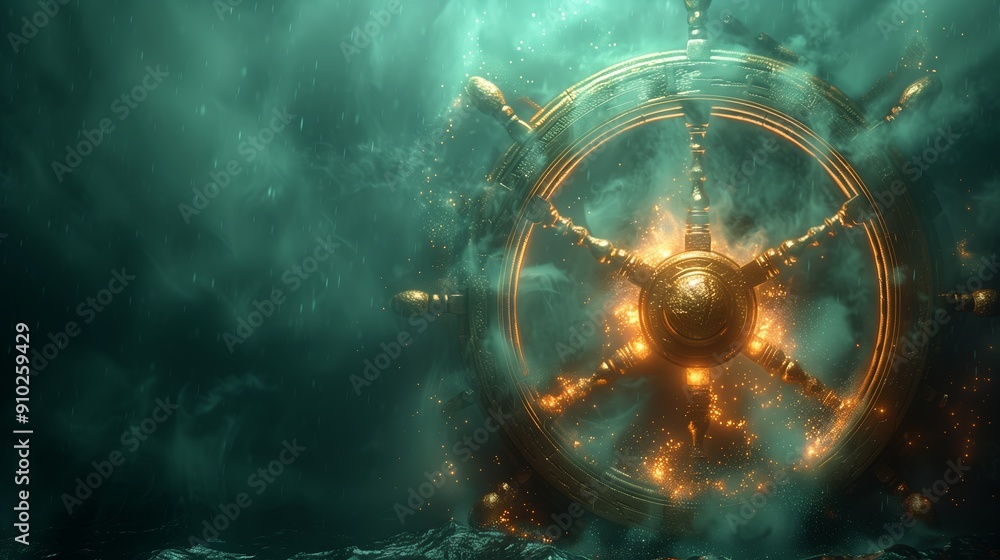 Poster ancient underwater structure illuminated by glowing orange light captured in deep ocean environment
