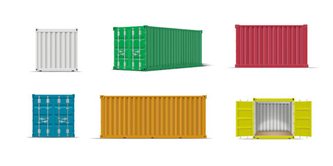 Cargo ship containers different colors and views mockup vector set, transportation metal freight storage for delivery
