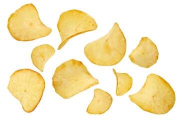 Collection of flying Fried Cassava Chips isolated on white background with clipping path. Close up view and detail texture. Also known as Keripik Singkong, popular traditional snack in Indonesia.