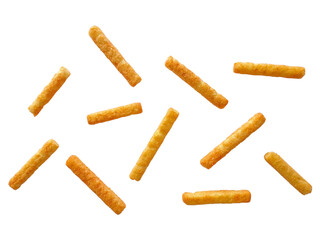 Collection of Cheese stick snacks scattered isolated on white background, clipping path, full depth...