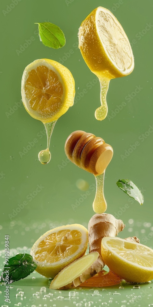 Poster fresh lemon slices and honey dripping against a vibrant green backdrop, creating a refreshing and na