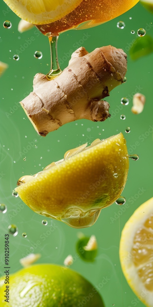 Poster fresh ginger and citrus fruits floating in air, creating a vibrant and refreshing atmosphere.