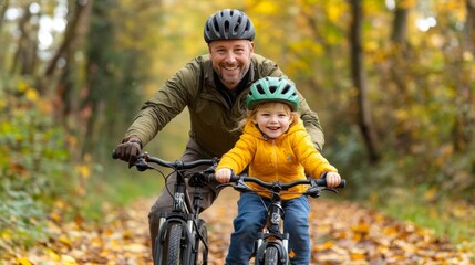 A joyful Caucasian father and his young son cycling together on a leafy trail, surrounded by autumn colors.