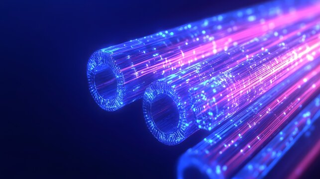 Close-up of glowing fiber optic cables with a dark background, illustrating high-speed internet and modern technology in vibrant colors.
