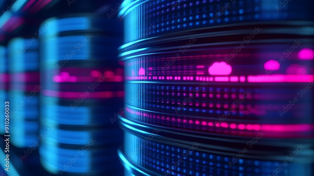 Poster close-up of illuminated server racks in a data center. vibrant blue and pink lights represent cuttin