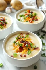 Delicious creamy potato soup garnished with bacon and green onions in white bowls.