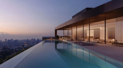 Obraz premium Sleek Urban Living: Modern Condominium with Rooftop Pool in Vibrant Cityscape