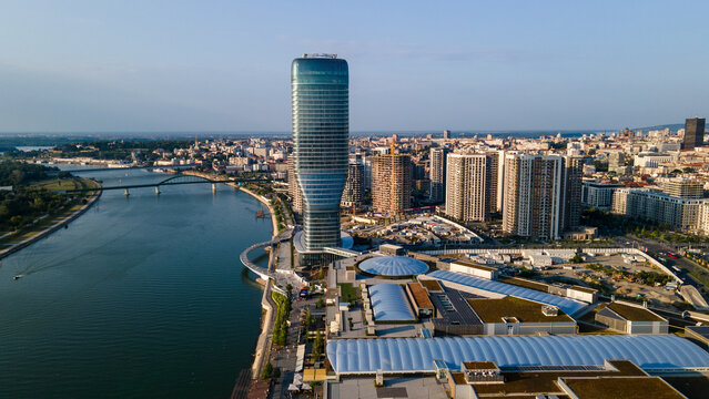View from the top of Belgrade Waterfront towers. View at Belgrade Waterfront buildings and Sava river. Panoramic view of Belgrade Waterfront, Sava river, Belgrade Tower, Kalemegdan. 