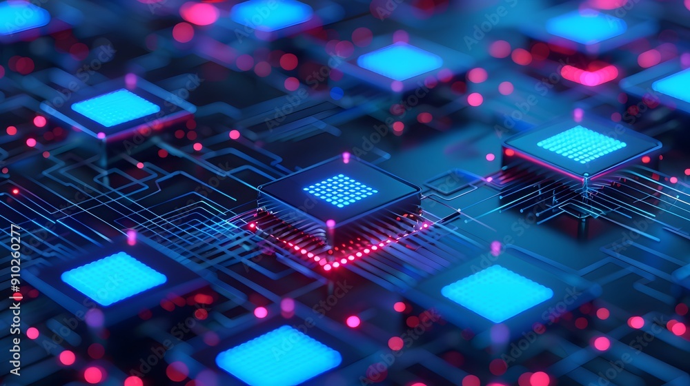 Poster close-up view of futuristic glowing microchips on a circuit board, representing advanced technology 