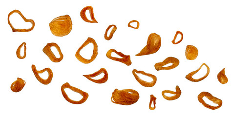 Collection of Indonesian Bawang Goreng or fried red onions isolated on white background with...
