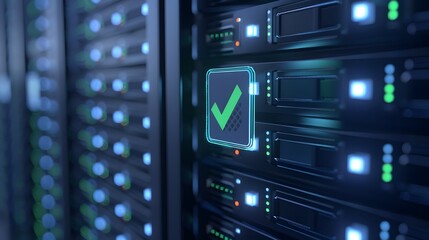 Close-up of server racks in a modern data center with a glowing green checkmark indicating successful system operation and security.