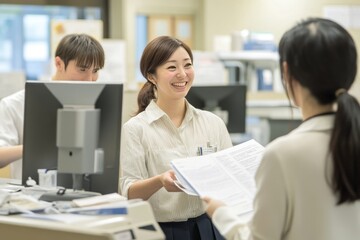 Obraz premium A cheerful Asian female receptionist assists a client at a busy office, creating a warm and professional atmosphere.