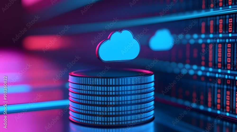 Poster cloud computing and data storage concept with a stack of coins and digital cloud icon in a futuristi