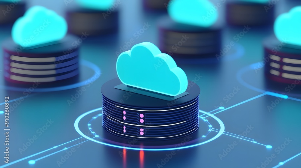 Poster cloud computing and data storage concept with servers connected to a central digital cloud for effic